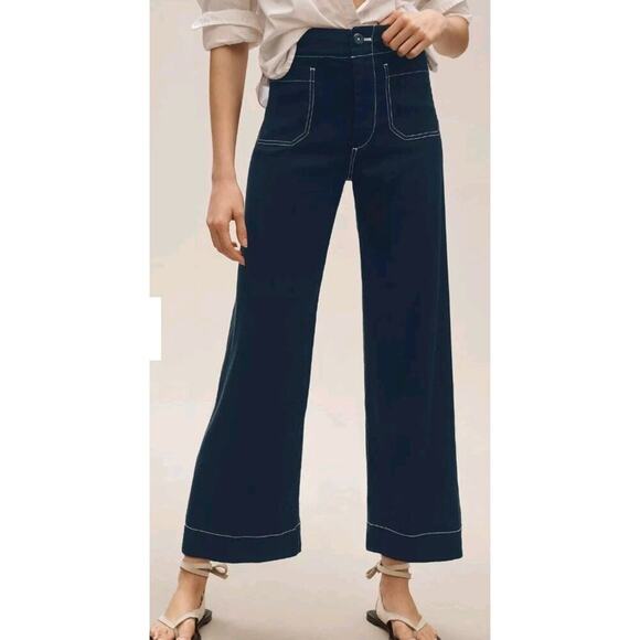 Maeve Anthropologie Colette Cropped Wide-Leg Pants Size 29 Contrast Stitch Blue - Picture 2 of 9